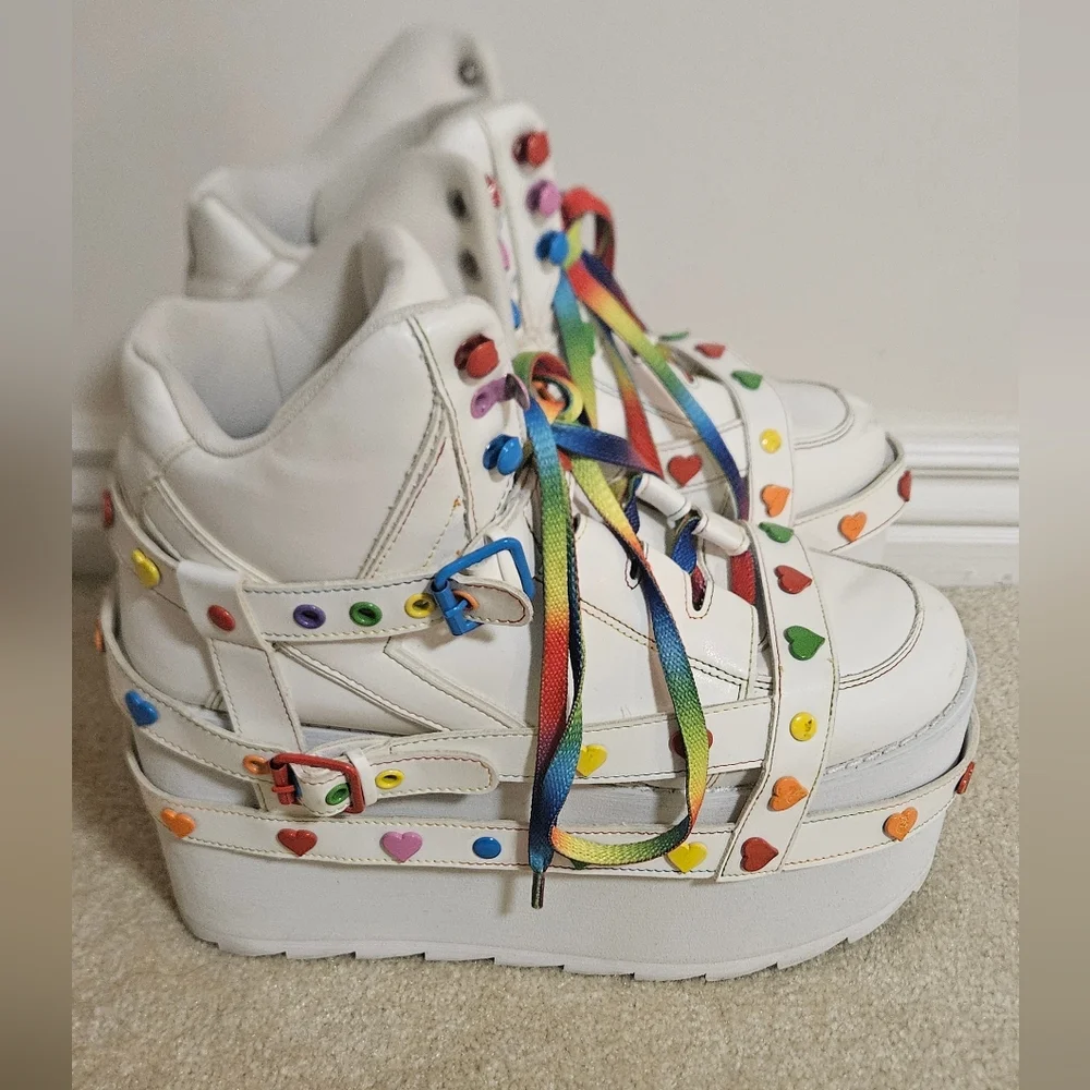 DOLLS KILL YRU Rare Rave Hightop Platforms with rainbow Laces And Heart Strap